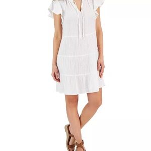 NWT! Style & Co. White Tie-neck Tiered Flutter Sleeve Sundress - 100% Cotton